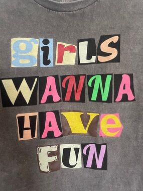 “Girls Wanna Have Fun” Short Sleeve Distressed Tee - Multicolor Print XL